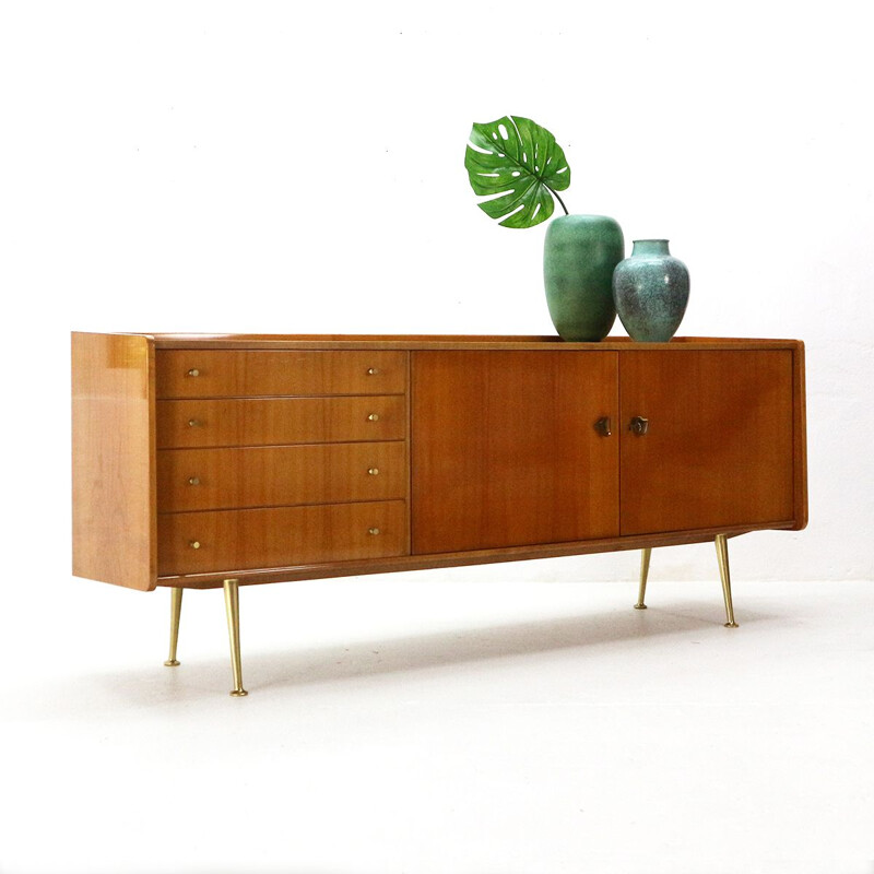 Gorgeous 1950s Italian Modern Sideboard, Cherrywood and Brass