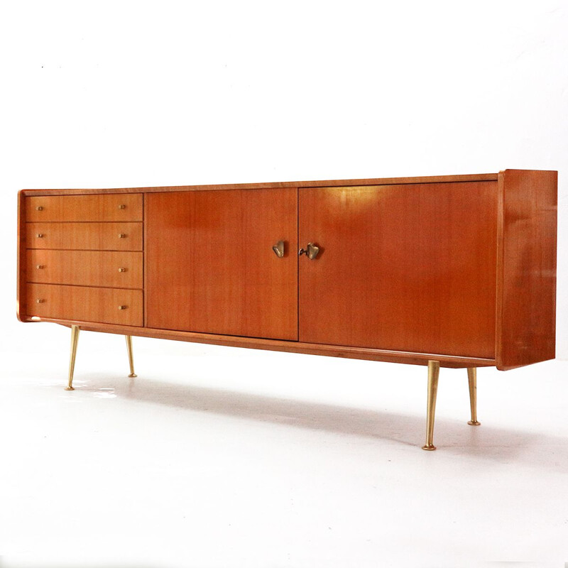 Gorgeous 1950s Italian Modern Sideboard, Cherrywood and Brass
