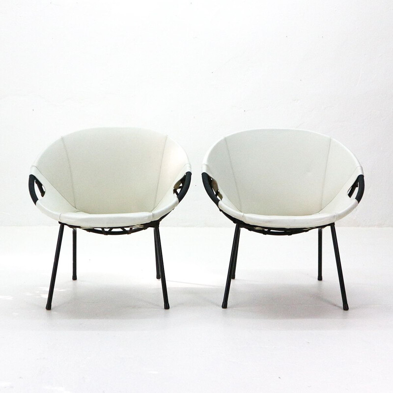 Chaises corbeille vintage en cuir blanc par Lusch & Co