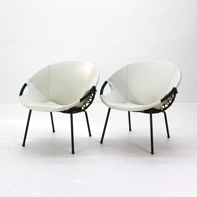 Chaises corbeille vintage en cuir blanc par Lusch & Co