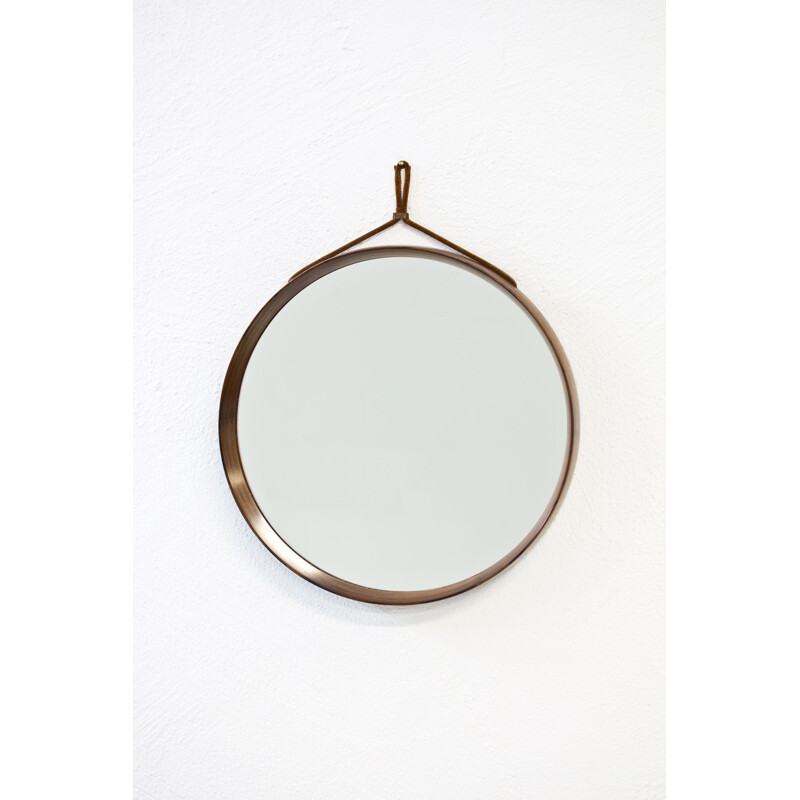 Vintage round mirror in rosewood by Uno & Östen Kristiansson for Luxus