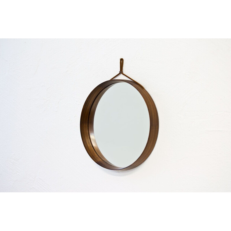 Vintage round mirror in rosewood by Uno & Östen Kristiansson for Luxus