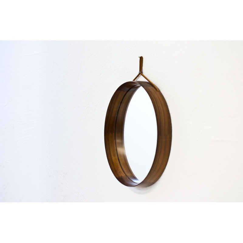 Vintage round mirror in rosewood by Uno & Östen Kristiansson for Luxus