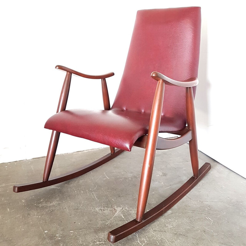 Vintage Dutch red rocking chair in teak