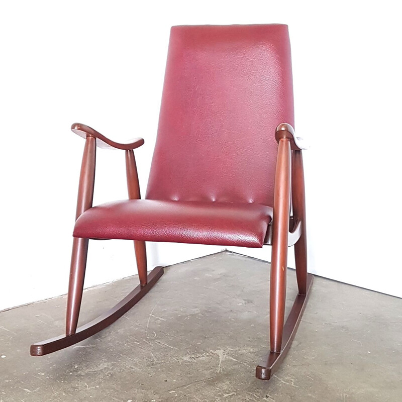 Vintage Dutch red rocking chair in teak