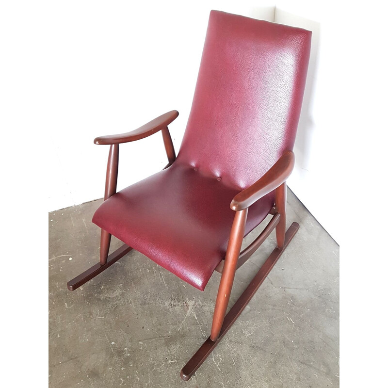 Vintage Dutch red rocking chair in teak