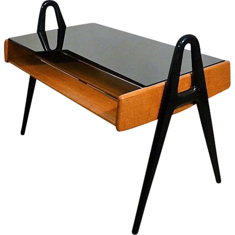 Vintage coffee table in wood and black opaline by Louis Paolozzi
