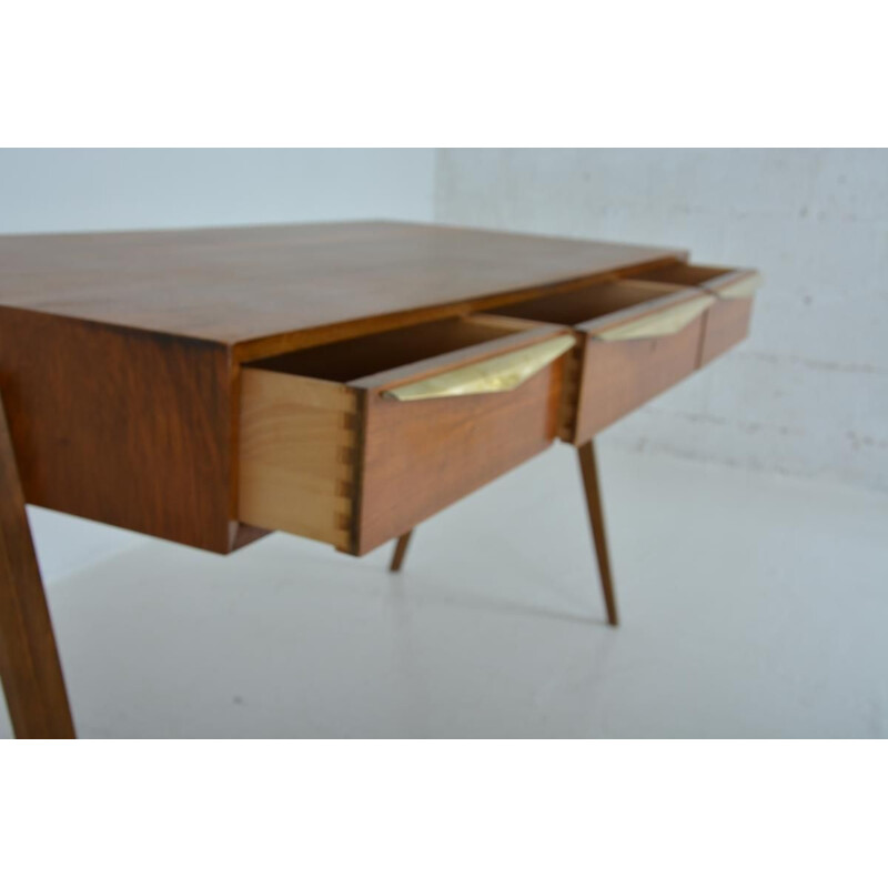Vintage Scandinavian desk in walnut and brass