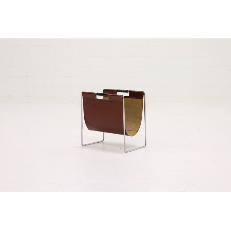 Brown vintage leather & chrome magazine Rack by Brabantia, 1970s