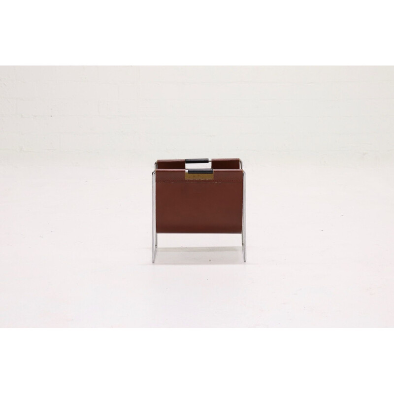 Brown vintage leather & chrome magazine Rack by Brabantia, 1970s