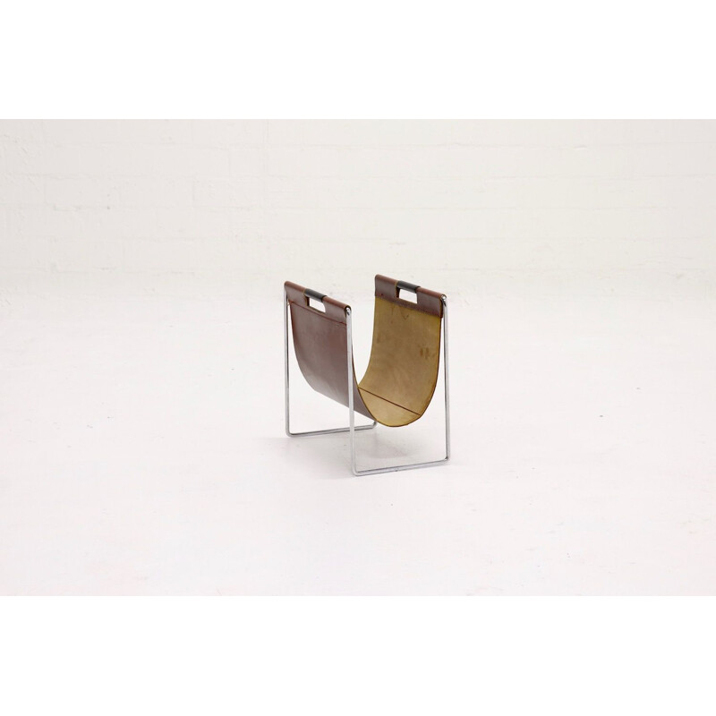 Brown vintage leather & chrome magazine Rack by Brabantia, 1970s