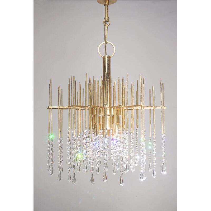 Lustre vintage en laiton et crystal, Hollywood Regency, 1960