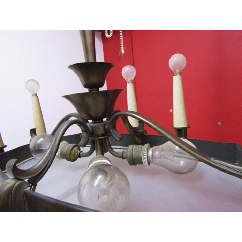 Lampadario italiano d'epoca in vetro e ottone di Gio Ponti