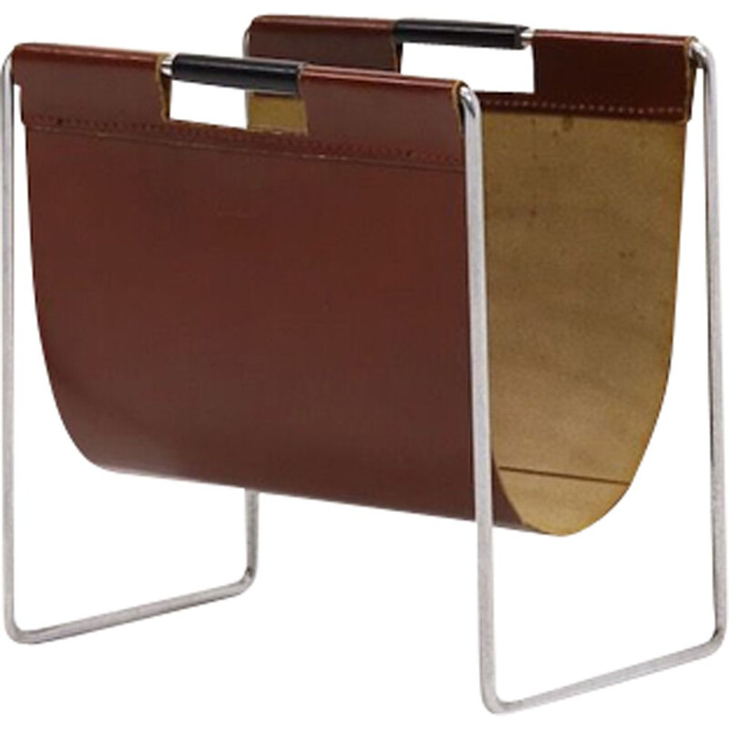 Brown vintage leather & chrome magazine Rack by Brabantia, 1970s