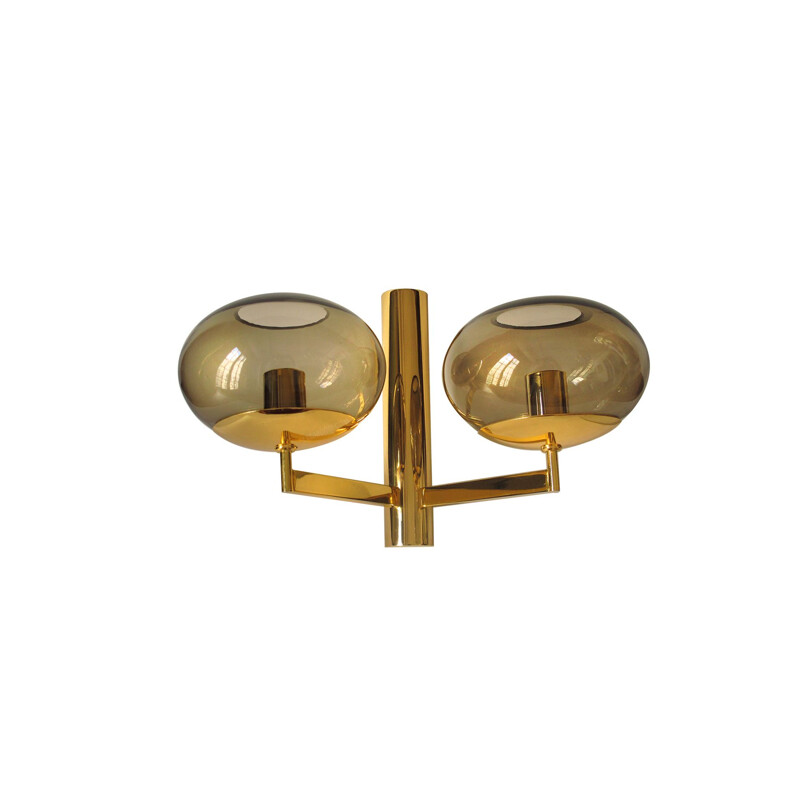Vintage wall lamp in gold metal and amber tinted glass by Gaetano Sciolari, 1970