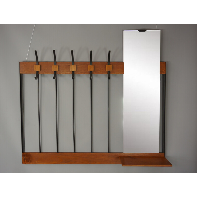 Vintage coat rack in teak and metal with mirror