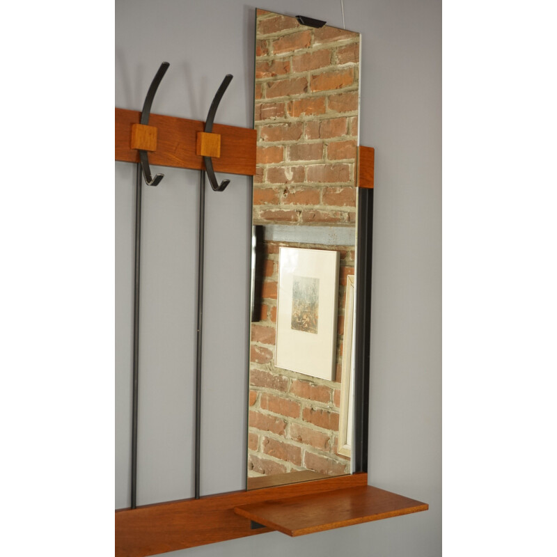 Vintage coat rack in teak and metal with mirror