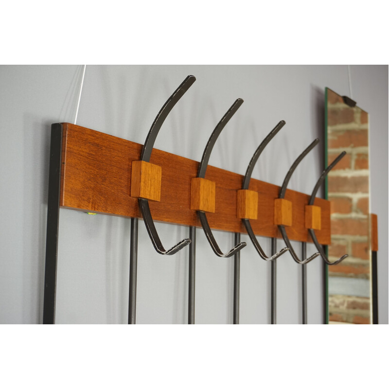 Vintage coat rack in teak and metal with mirror