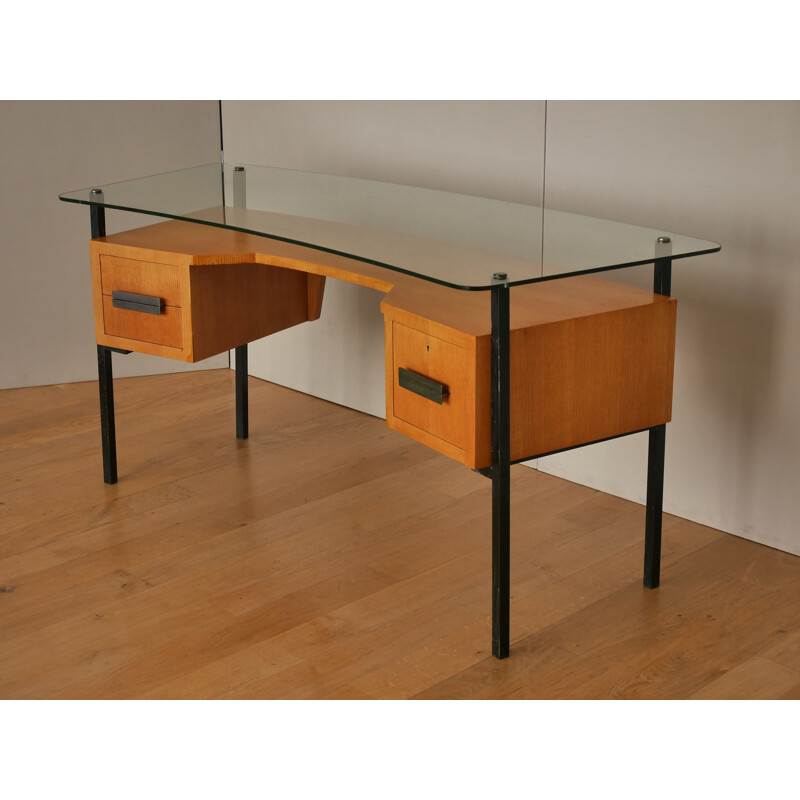 Bureau vintage en verre & chêne de Jacques Hitier pour La méridienne