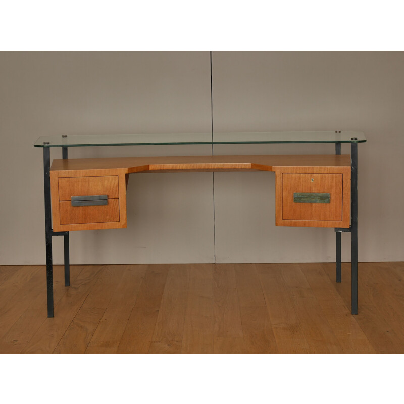 Vintage desk in glass & Oak by Jacques Hitier for La Meridienne