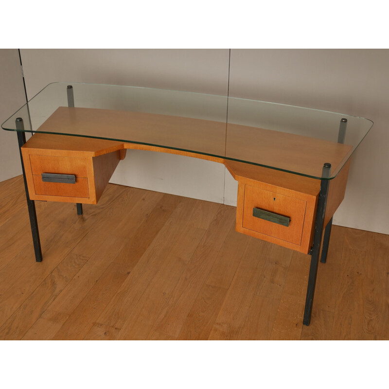 Vintage desk in glass & Oak by Jacques Hitier for La Meridienne