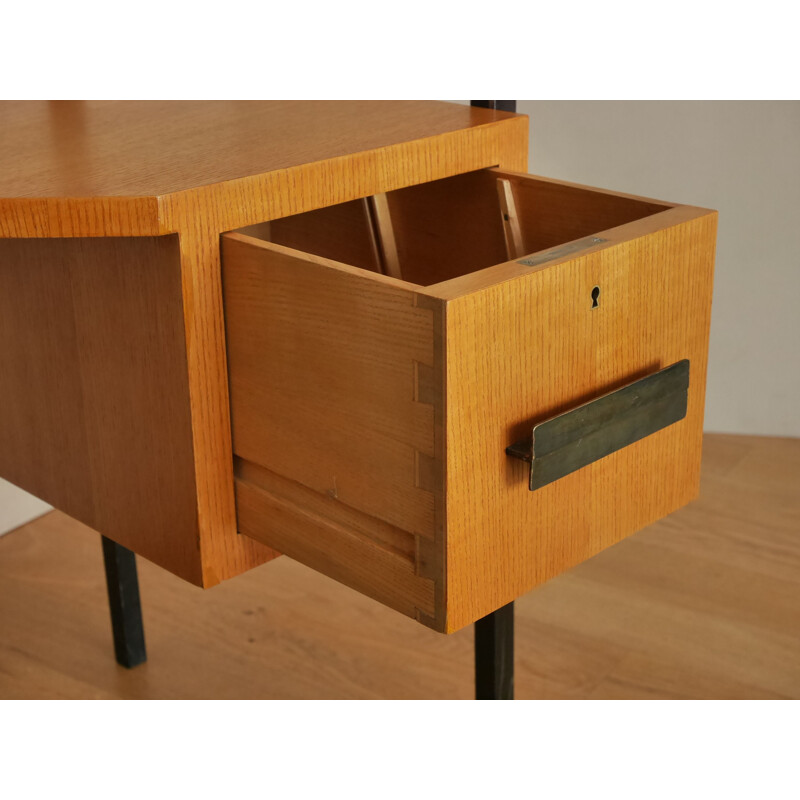 Vintage desk in glass & Oak by Jacques Hitier for La Meridienne