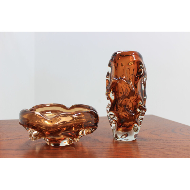 Vintage vase in browm glass and ashtray for Vetreria Formia