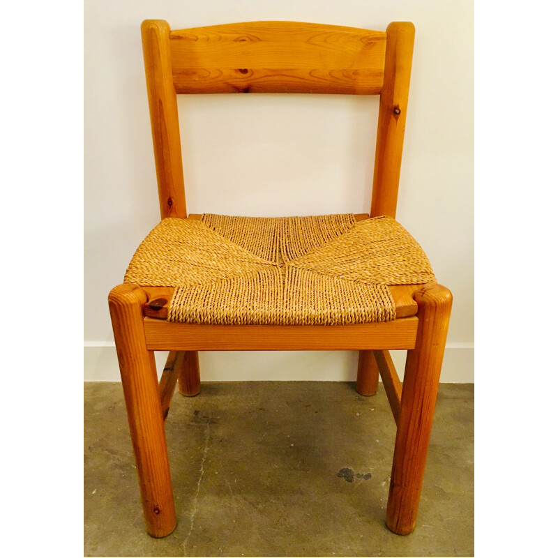 Vintage set of 4 chairs in wood and rope