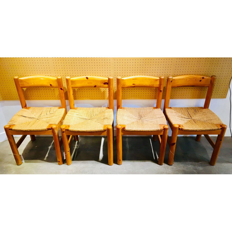 Vintage set of 4 chairs in wood and rope