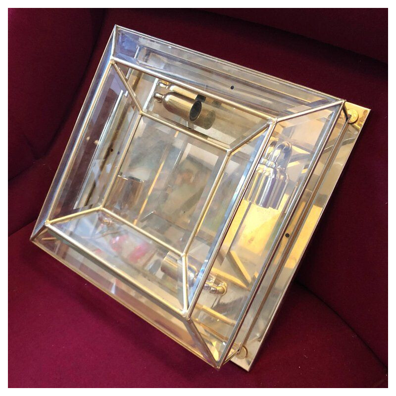 Vintage Italian ceiling light in squared brass and glass