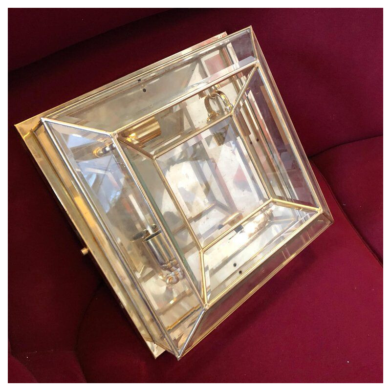 Vintage Italian ceiling light in squared brass and glass