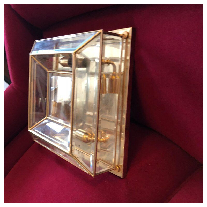 Vintage Italian ceiling light in squared brass and glass