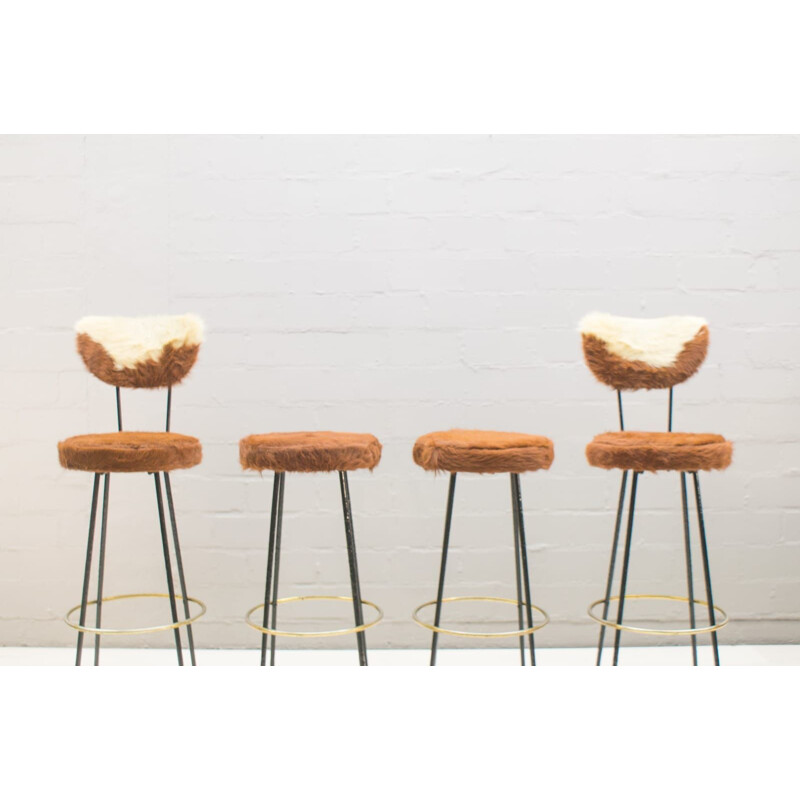 Set of 4 vintage bar stools in longhair cowhide