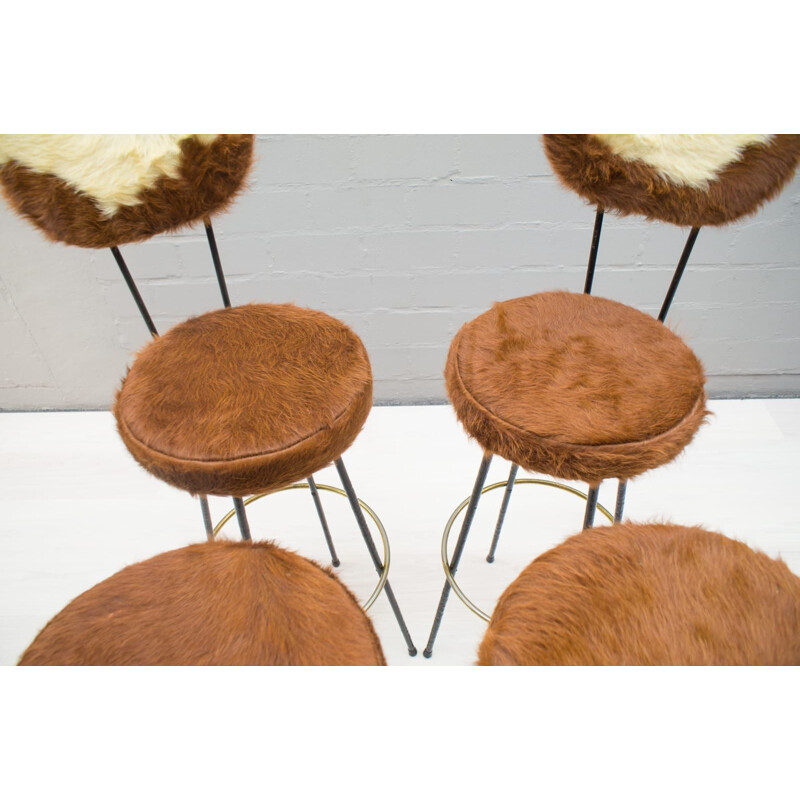 Set of 4 vintage bar stools in longhair cowhide