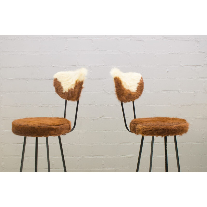 Set of 4 vintage bar stools in longhair cowhide