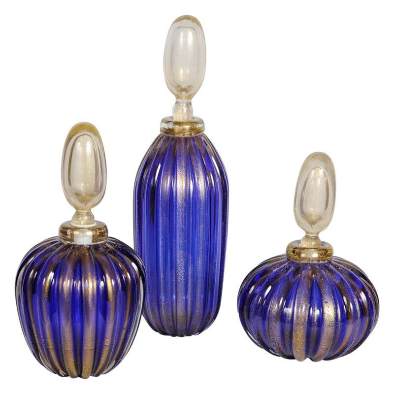 Set of 3 vintage blue bottles in Murano glass 1990 