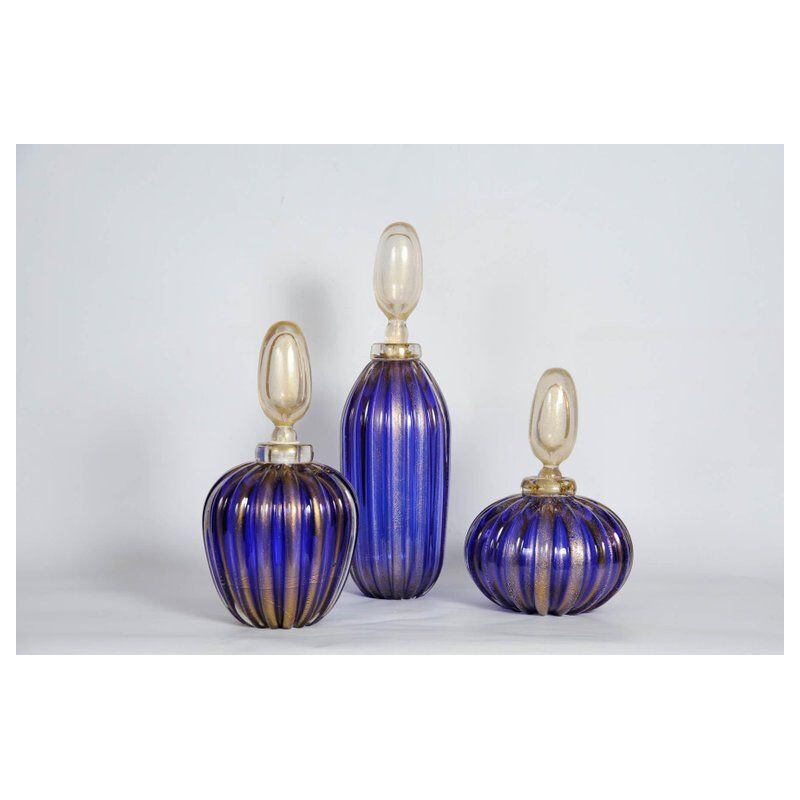 Set of 3 vintage blue bottles in Murano glass 1990 