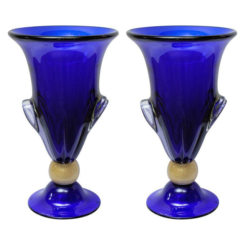 Suite de 2 vases vintage bleus en verre de Murano