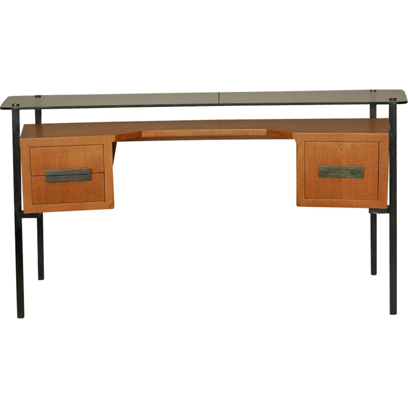 Vintage desk in glass & Oak by Jacques Hitier for La Meridienne