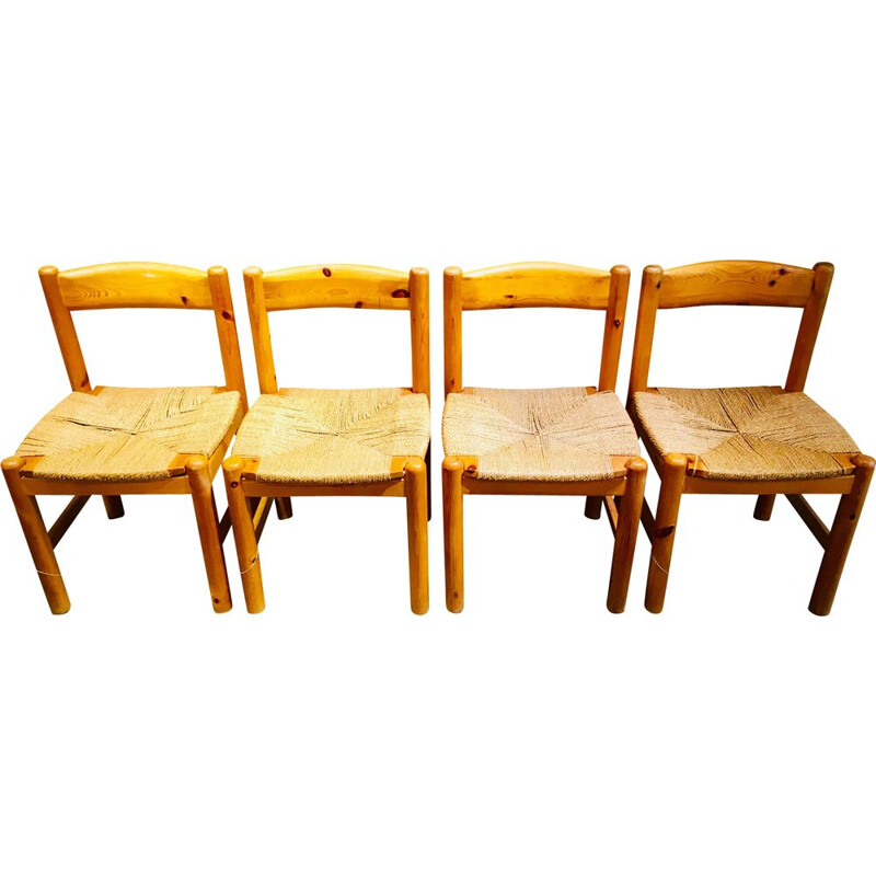 Vintage set of 4 chairs in wood and rope