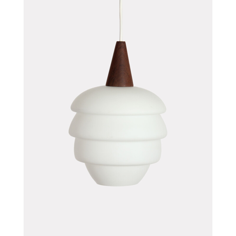 Vintage Scandinavian pendant lamp in teak and opaline