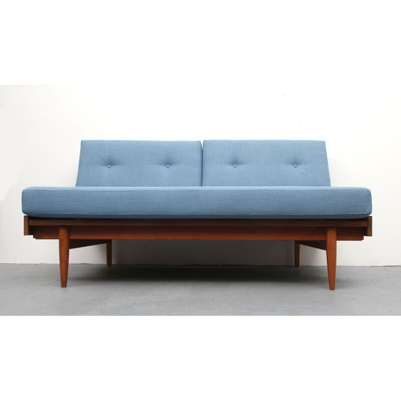 Vintage light blue 2-seater sofa in teak