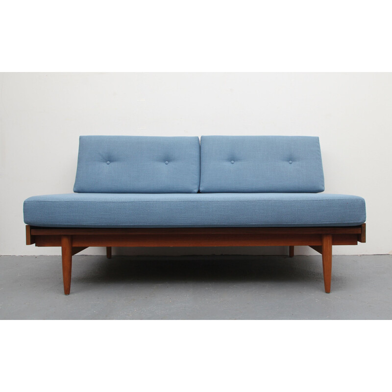 Vintage light blue 2-seater sofa in teak