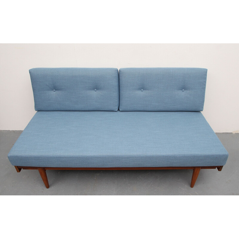 Vintage light blue 2-seater sofa in teak