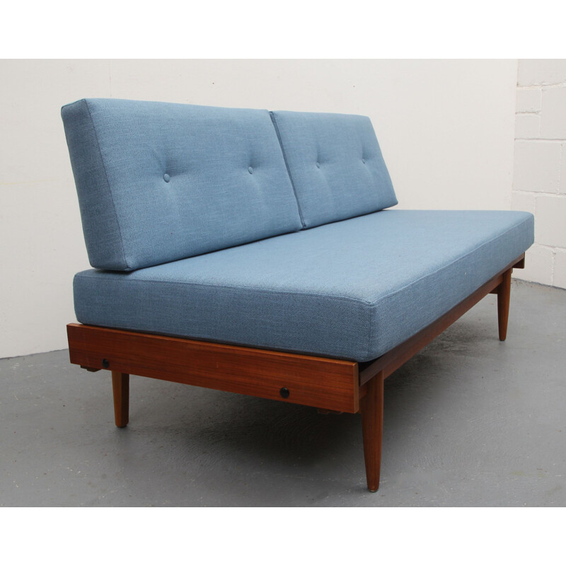 Vintage light blue 2-seater sofa in teak