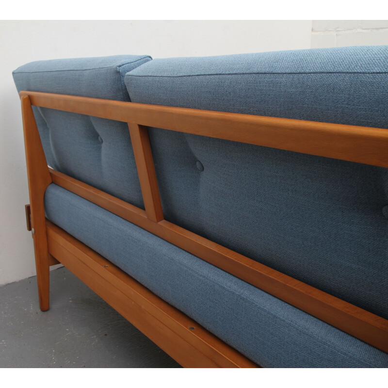 Vintage light blue 2-seater sofa in teak