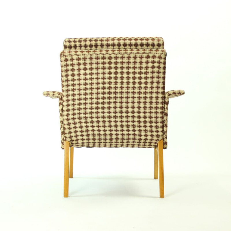 Set of 2 vintage Czech armchairs in brown plaid fabric by Jitona