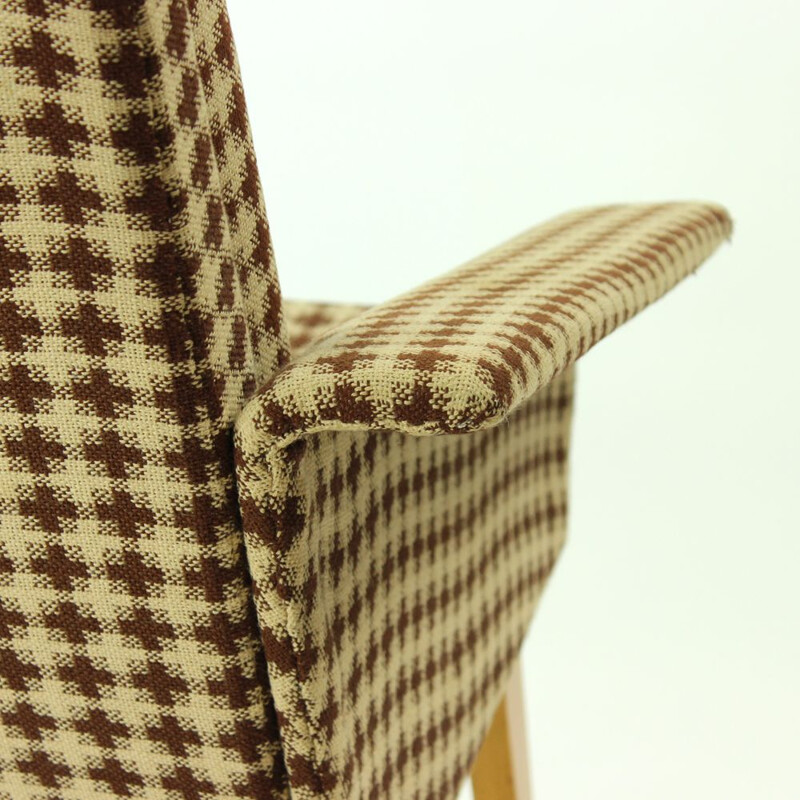 Set of 2 vintage Czech armchairs in brown plaid fabric by Jitona