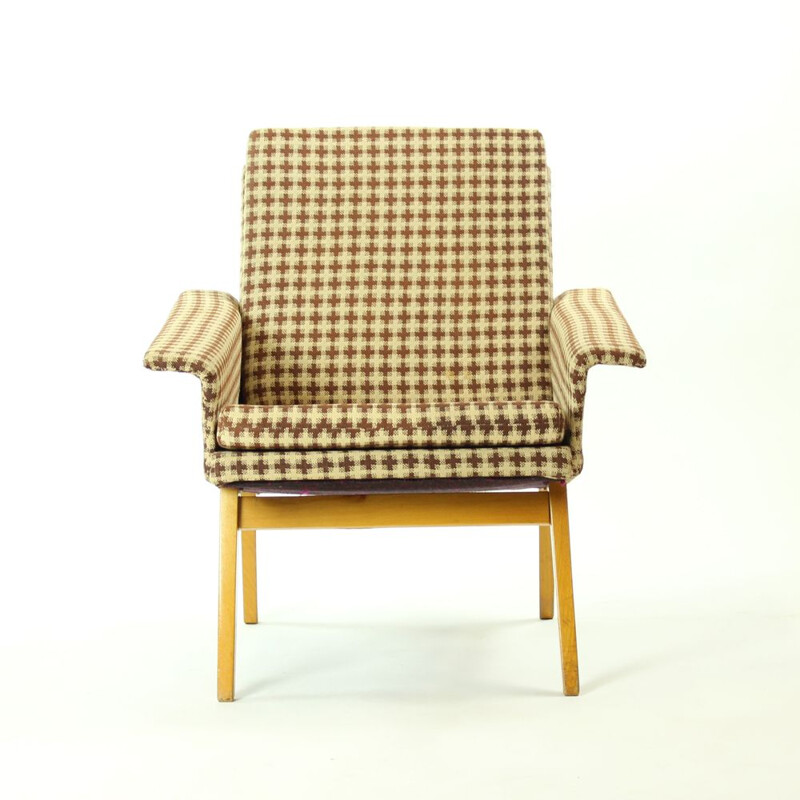 Set of 2 vintage Czech armchairs in brown plaid fabric by Jitona