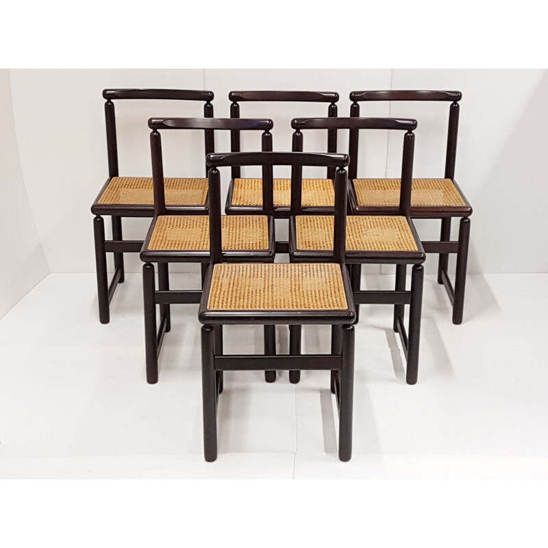 Suite de 6 chaises à repas vintage scandinaves en acajou